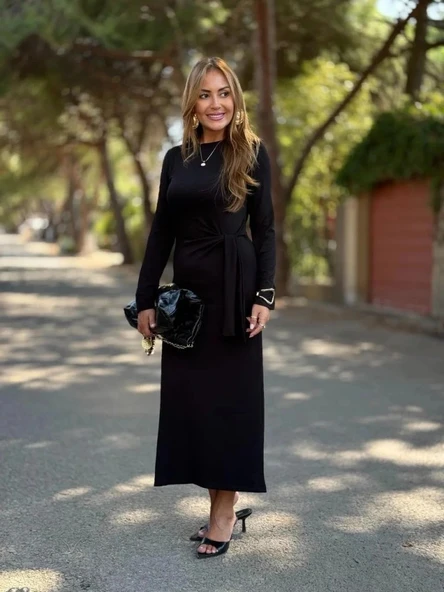 MDB Kadın Uzun Kollu Bisiklet Yaka Yandan Bağlamalı Uzun Modal Elbise ürün görseli 1