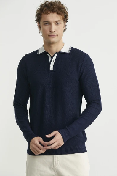 Polo Yaka Yünlü Triko Kazak - Lacivert ürün görseli 1