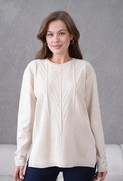 Kadın Minimal Çizgi Kabartmalı Kazak Triko - Resim 10