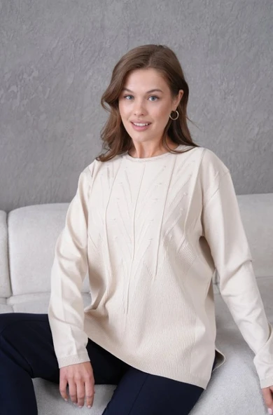 Kadın Minimal Çizgi Kabartmalı Kazak Triko - Resim 9