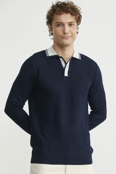 Polo Yaka Yünlü Triko Kazak - Lacivert - Resim 2