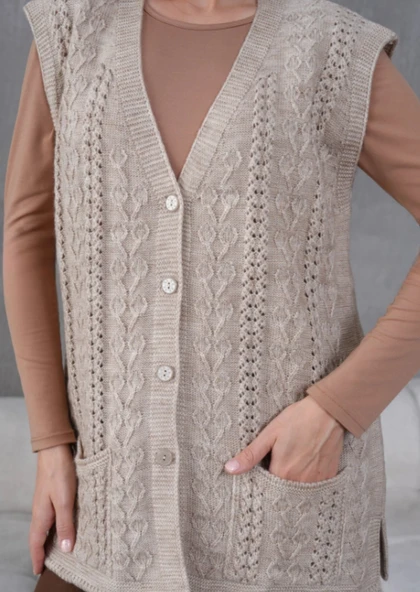 Kadın Triko Ajurlu Cep Detaylı Yün Yelek - Resim 3