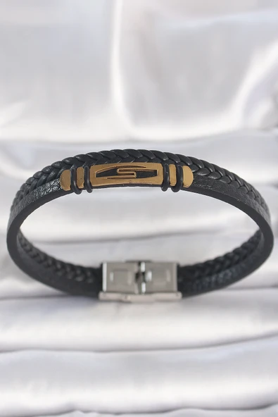316L Çelik Gold Renk Aksesuarlı Çift Sıra Siyah Burgu Desenli Deri Kordon Erkek Bileklik ürün görseli 1