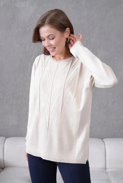 Kadın Minimal Çizgi Kabartmalı Kazak Triko - Resim 12