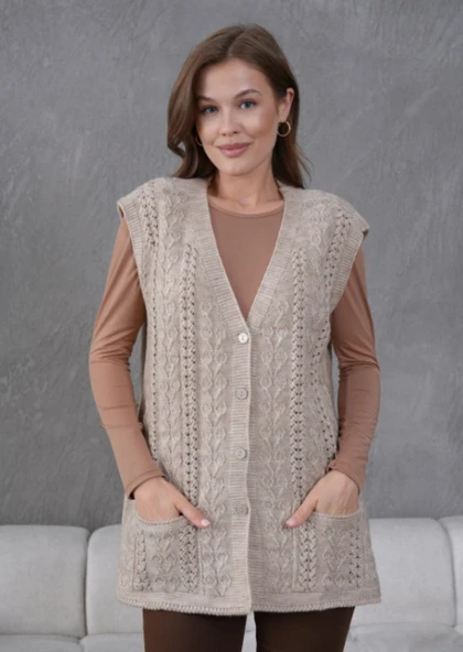 Kadın Triko Ajurlu Cep Detaylı Yün Yelek - Resim 4