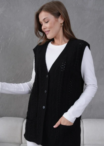 Kadın Triko Ajurlu Cep Detaylı Yün Yelek - Resim 6