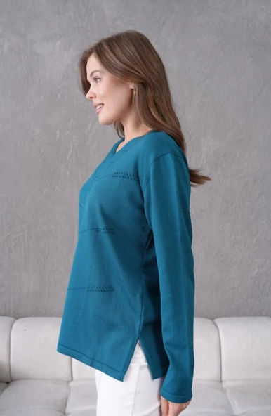 Kadın Anne Esnek Yumuşak Dokulu V Yaka İnce Triko Kazak - Resim 7