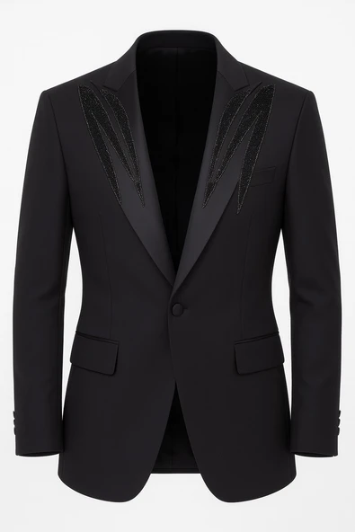 Erkek Siyah Taş Detaylı Saten Yaka Blazer Ceket – Özel Tasarım Şık Damatlık & Gece Kombini - Resim 9