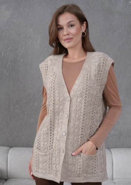 Kadın Triko Ajurlu Cep Detaylı Yün Yelek - Resim 2