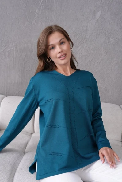 Kadın Anne Esnek Yumuşak Dokulu V Yaka İnce Triko Kazak - Resim 7