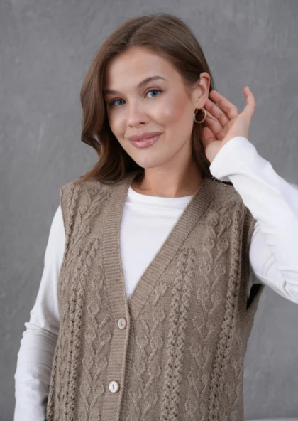 Kadın Triko Ajurlu Cep Detaylı Yün Yelek - Resim 10