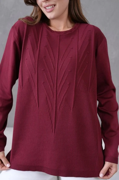 Kadın Minimal Çizgi Kabartmalı Kazak Triko - Resim 7