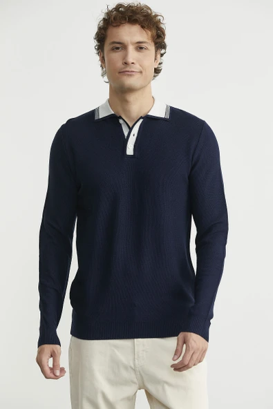 Polo Yaka Yünlü Triko Kazak - Lacivert - Resim 3