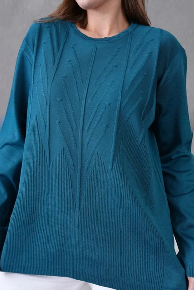 Kadın Minimal Çizgi Kabartmalı Kazak Triko - Resim 4