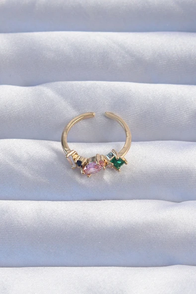 Pirinç Gold Renk Renkli Zirkon Taşlı Ayarlanabilir Yüzük - Resim 2