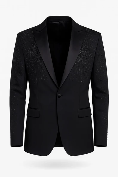 Erkek Siyah Taş Detaylı Saten Yaka Blazer Ceket – Özel Tasarım Şık Damatlık & Gece Kombini ürün görseli