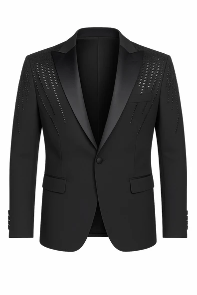 Erkek Siyah Taş Detaylı Saten Yaka Blazer Ceket – Özel Tasarım Şık Damatlık & Gece Kombini - Resim 3