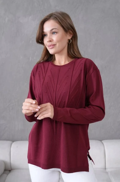 Kadın Minimal Çizgi Kabartmalı Kazak Triko - Resim 6