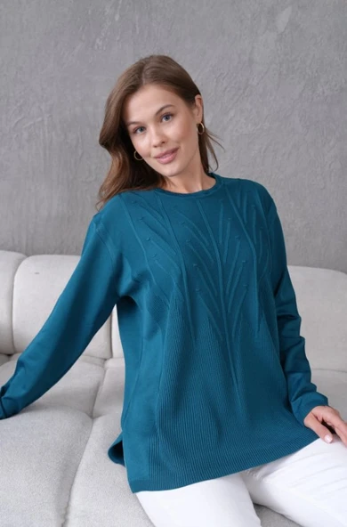 Kadın Minimal Çizgi Kabartmalı Kazak Triko - Resim 3