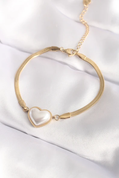 316L Çelik Gold Renk Bombeli Kalp Kadın Bileklik ürün görseli 1