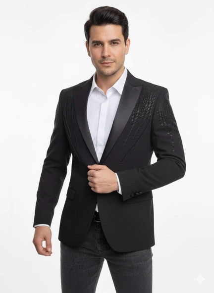 Erkek Siyah Taş Detaylı Saten Yaka Blazer Ceket – Özel Tasarım Şık Damatlık & Gece Kombini - Resim 7