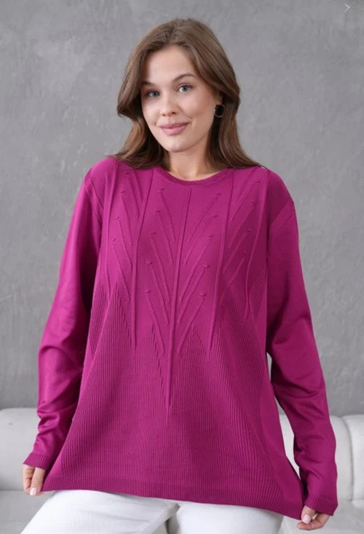 Kadın Minimal Çizgi Kabartmalı Kazak Triko ürün görseli 1