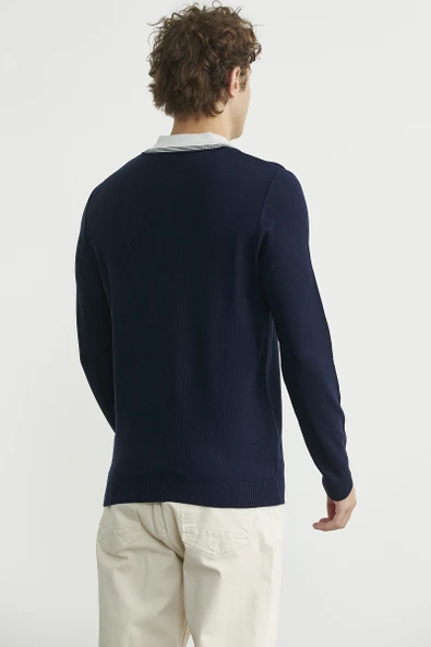 Polo Yaka Yünlü Triko Kazak - Lacivert - Resim 5