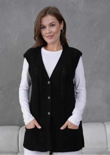 Kadın Triko Ajurlu Cep Detaylı Yün Yelek - Resim 8