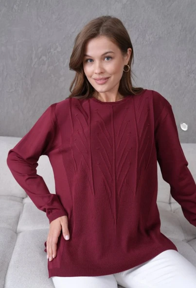 Kadın Minimal Çizgi Kabartmalı Kazak Triko - Resim 8