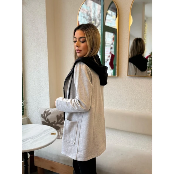 Lucky Life Kadın  Uzun Kollu Kapşonlu çift Renkli şardonlu Iki Iplik Ceket - Resim 8