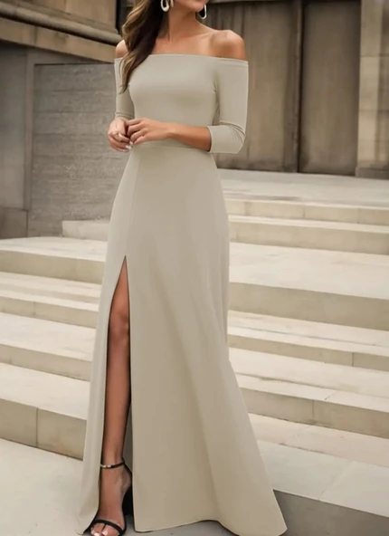 Lucky Life Kadın Uzun Kollu Madonna Yakalı Yırtmaç Detaylı Uzun Ithal Krep Elbise - Resim 4