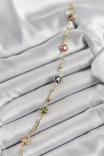 Pirinç Gold Renk Karışık Renk Yonca Zirkon Taşlı Kadın Bileklik - Resim 2