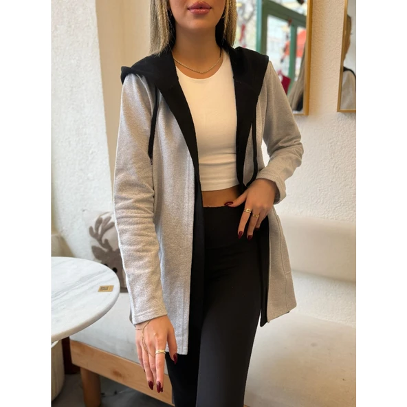 Lucky Life Kadın  Uzun Kollu Kapşonlu çift Renkli şardonlu Iki Iplik Ceket - Resim 5