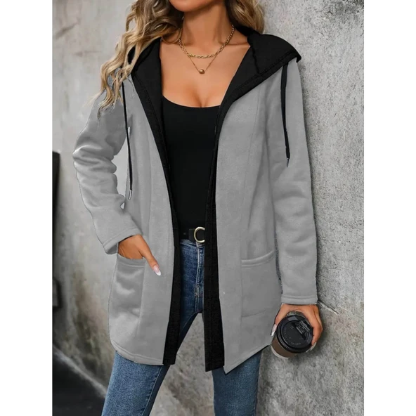 Lucky Life Kadın  Uzun Kollu Kapşonlu çift Renkli şardonlu Iki Iplik Ceket - Resim 2