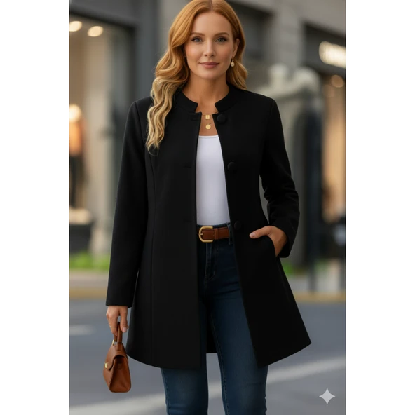 Lucky Life Kadın Uzun Kollu Yakalı önü Düğmeli Ithal Kaşe Astarlı Kaban - Resim 4