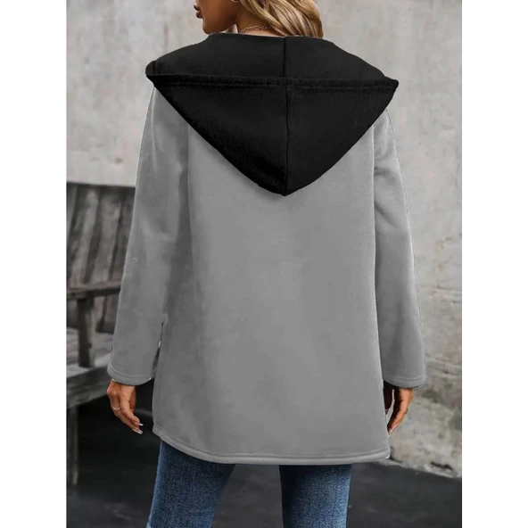 Lucky Life Kadın  Uzun Kollu Kapşonlu çift Renkli şardonlu Iki Iplik Ceket ürün görseli 1