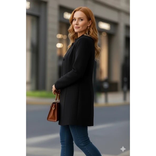 Lucky Life Kadın Uzun Kollu Yakalı önü Düğmeli Ithal Kaşe Astarlı Kaban ürün görseli 1