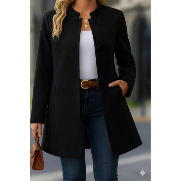 Lucky Life Kadın Uzun Kollu Yakalı önü Düğmeli Ithal Kaşe Astarlı Kaban - Resim 6