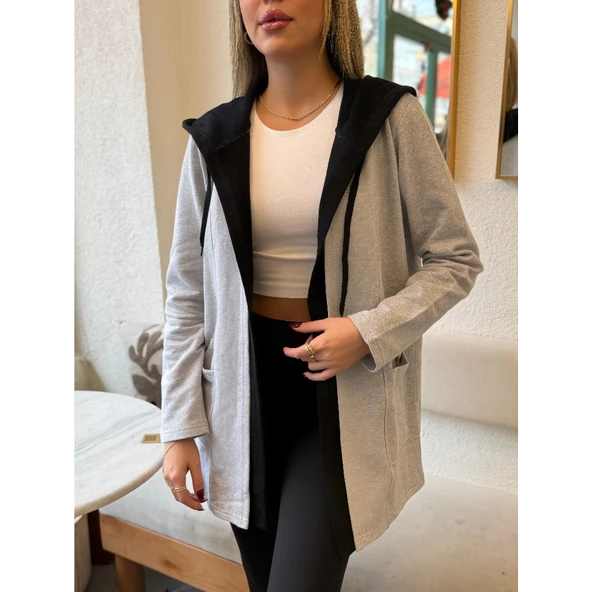 Lucky Life Kadın  Uzun Kollu Kapşonlu çift Renkli şardonlu Iki Iplik Ceket - Resim 4