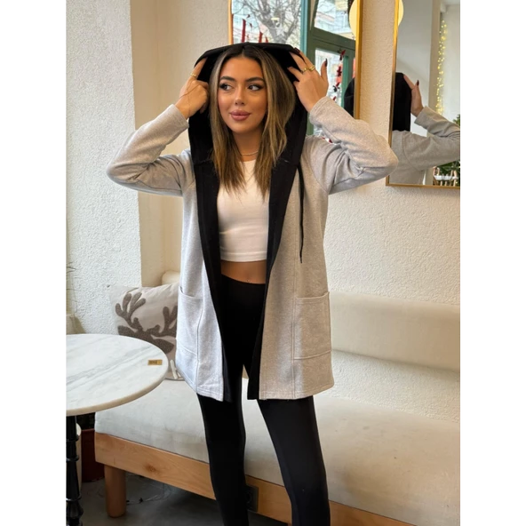 Lucky Life Kadın  Uzun Kollu Kapşonlu çift Renkli şardonlu Iki Iplik Ceket - Resim 6