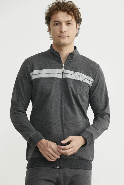 Fermuarlı Dik Yaka Eşofman Takım - Antrasit - Resim 3