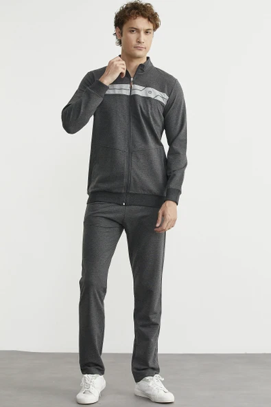 Fermuarlı Dik Yaka Eşofman Takım - Antrasit - Resim 2