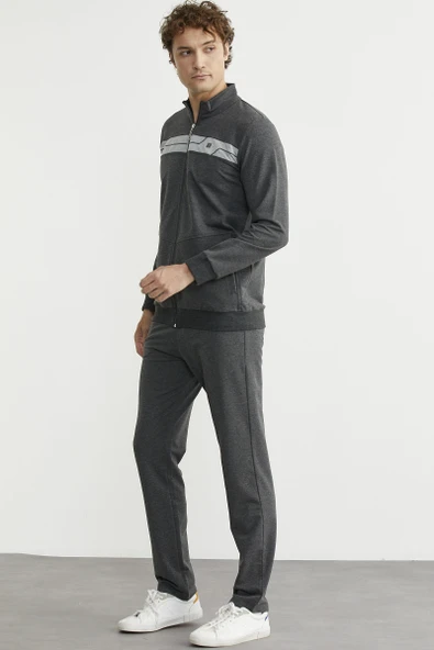 Fermuarlı Dik Yaka Eşofman Takım - Antrasit - Resim 5