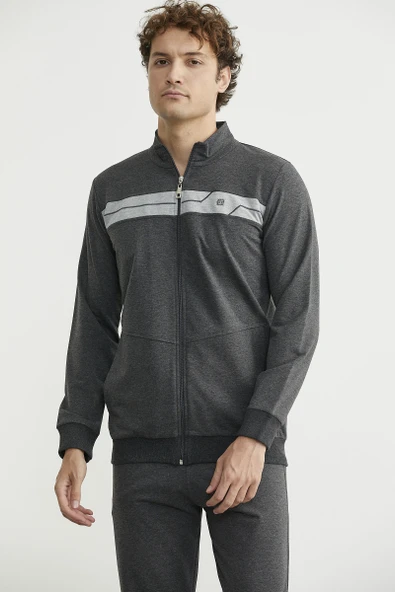 Fermuarlı Dik Yaka Eşofman Takım - Antrasit - Resim 4