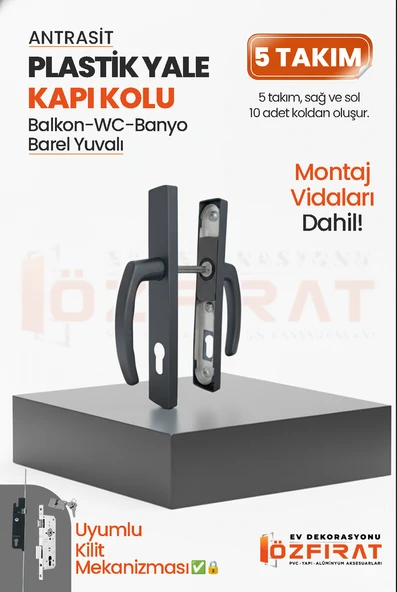 PVC Pimapen Plastik Yale Kapı Kolu – Balkon, Tuvalet (WC), Banyo İçin – Antrasit – (5 Takım) ürün görseli 1