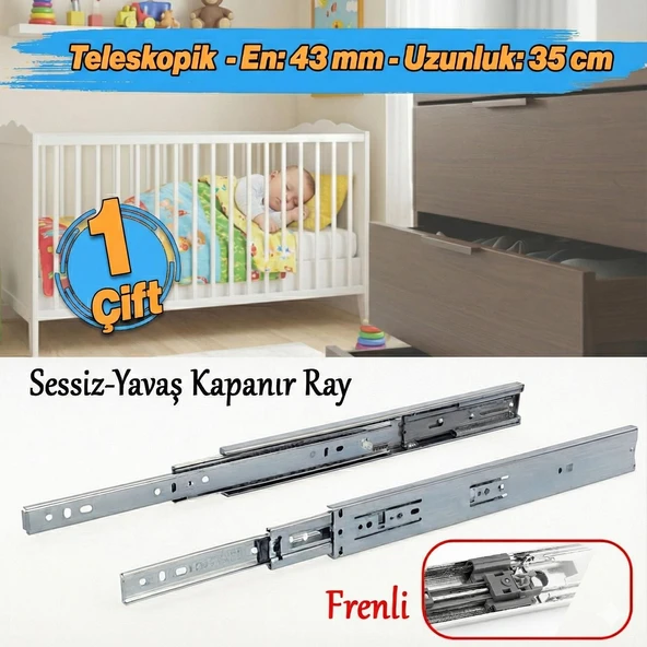 Frenli Teleskopik Çekmece Rayı Bilyalı Dolap Çekmecesi Ray Metal En 4.3 cm Uzunluk 35 cm (1 Çift ) ürün görseli 1