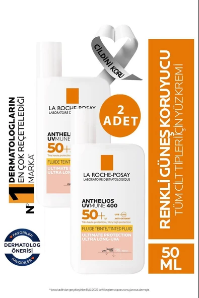 La Roche Posay Anthelios Uvmune Fluid SPF+50 Tüm Ciltler İçin Yüksek Korumalı Renkli Yüz Güneş Kremi 2 Adet ürün görseli
