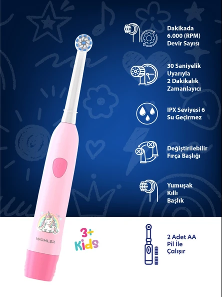 Wohler Değiştirilebilir Başlıklı Pilli Kız Çocuk Diş Fırçası 3+ , Fda Onaylı - Resim 2