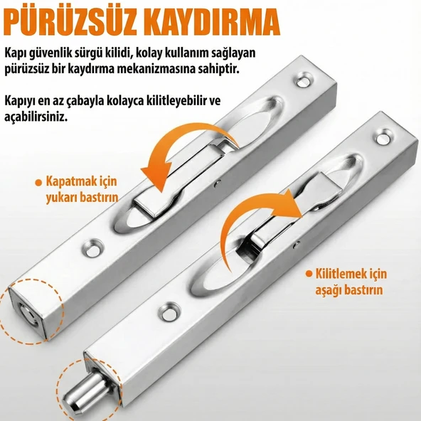 Paslanmaz Çelik 25 cm Gömme Kapı Sürgüsü Gizli Sessiz Çalışan Dayanıklı Profesyonel Kilit Mekanizma - Resim 8