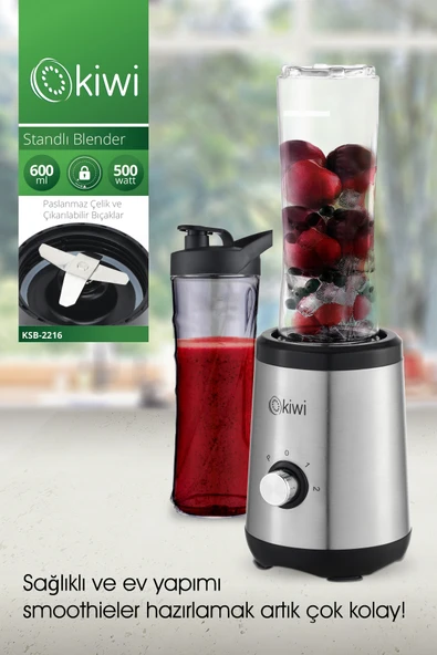Kiwi Ksb-2240 Standlı Paslanmaz Çelik Sporcu Blender - Kişisel Smoothie Blender 600 ml Bardaklı ürün görseli